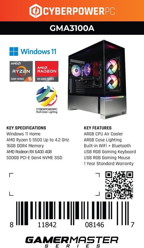 CyberPowerPC Gamer Master Gaming PC, AMD Ryzen 5 5500 3.6GHz, Radeon RX 6400 4GB, 16GB DDR4, 500GB PCIe Gen4 SSD, WiFi Ready & Windows 11 Home (GMA3100A) - Image 7