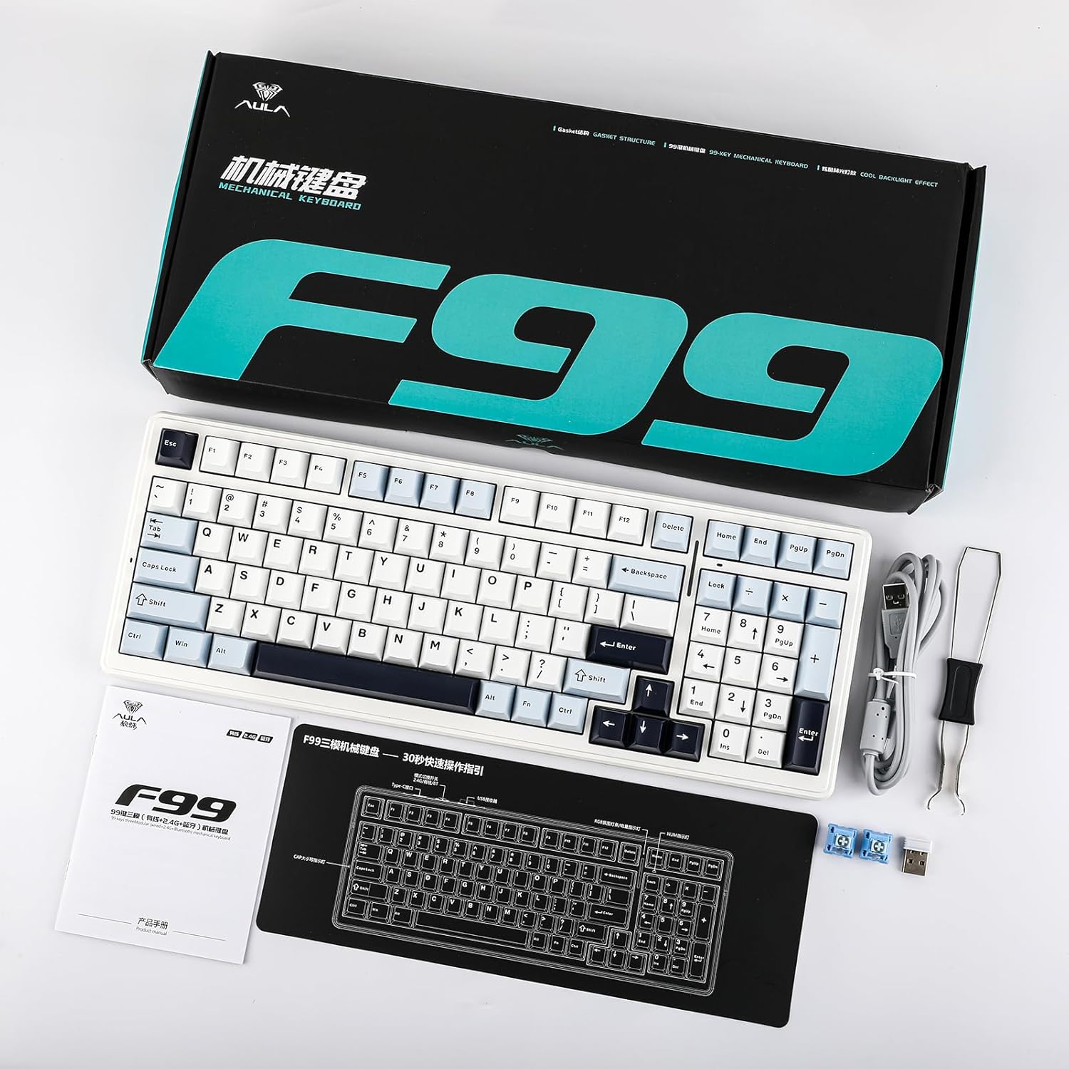 EPOMAKER x Aula F99 Wireless Mechanical Keyboard, Hot Swappable Gasket Custom Gaming Keyboard with Five-Layer Padding, Bluetooth/2.4GHz/USB-C, 8000mAh Battery (White Blue, Reaper Switch) - Image 9