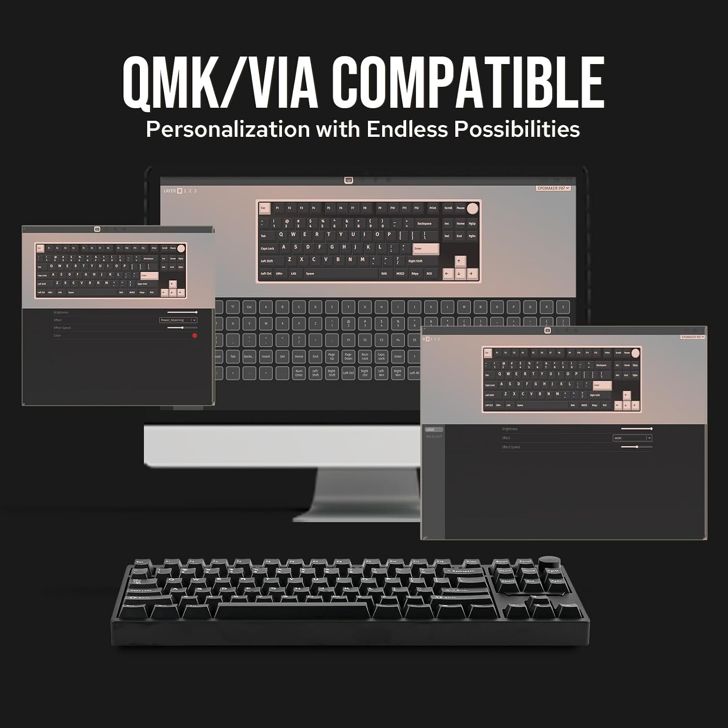 EPOMAKER P87 TKL Aluminum Wireless Gaming Keyboard, QMK/VIA Programmable, 87% BT/2.4Ghz/USB-C, with CNC Metal Knob and RGB Backlight (Black, Wisteria Linear Switch) - Image 4