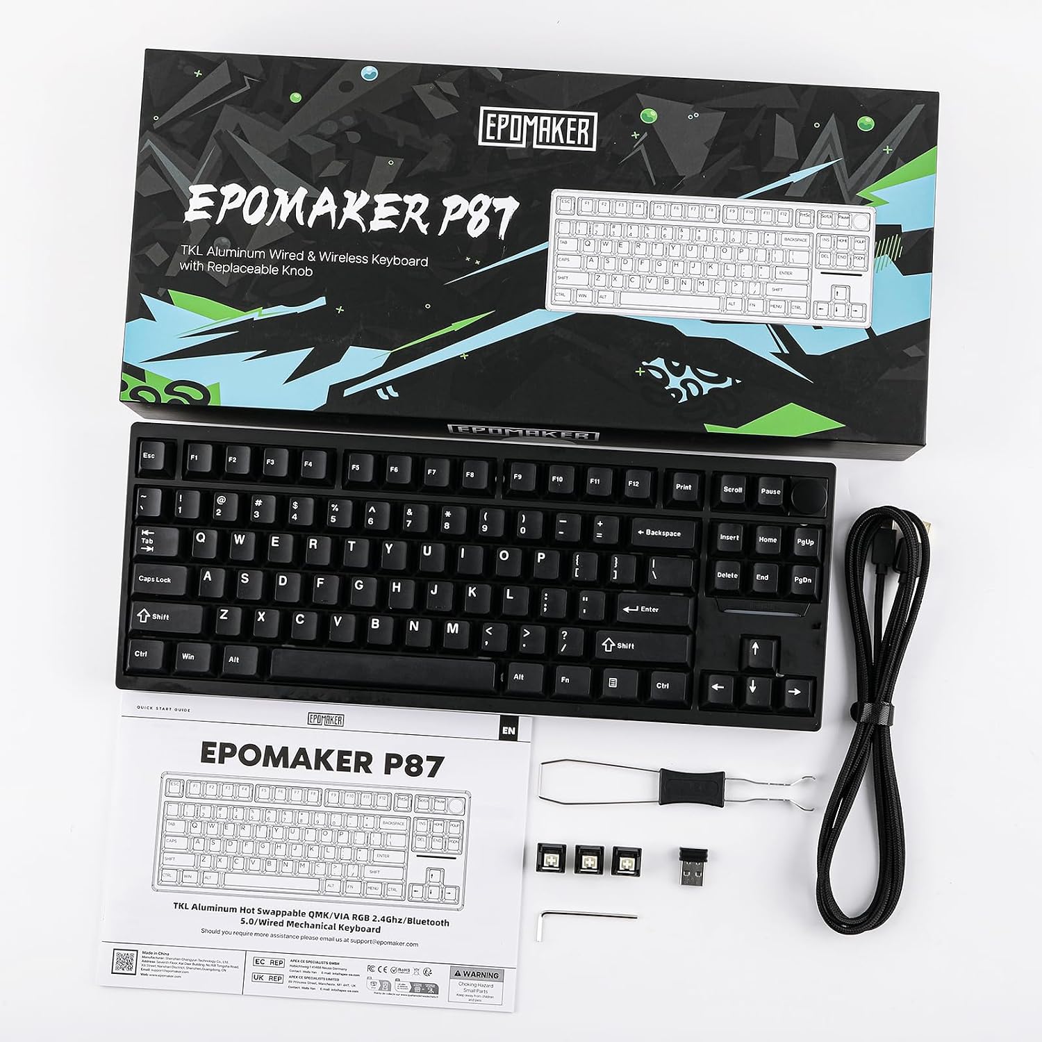 EPOMAKER P87 TKL Aluminum Wireless Gaming Keyboard, QMK/VIA Programmable, 87% BT/2.4Ghz/USB-C, with CNC Metal Knob and RGB Backlight (Black, Wisteria Linear Switch) - Image 8