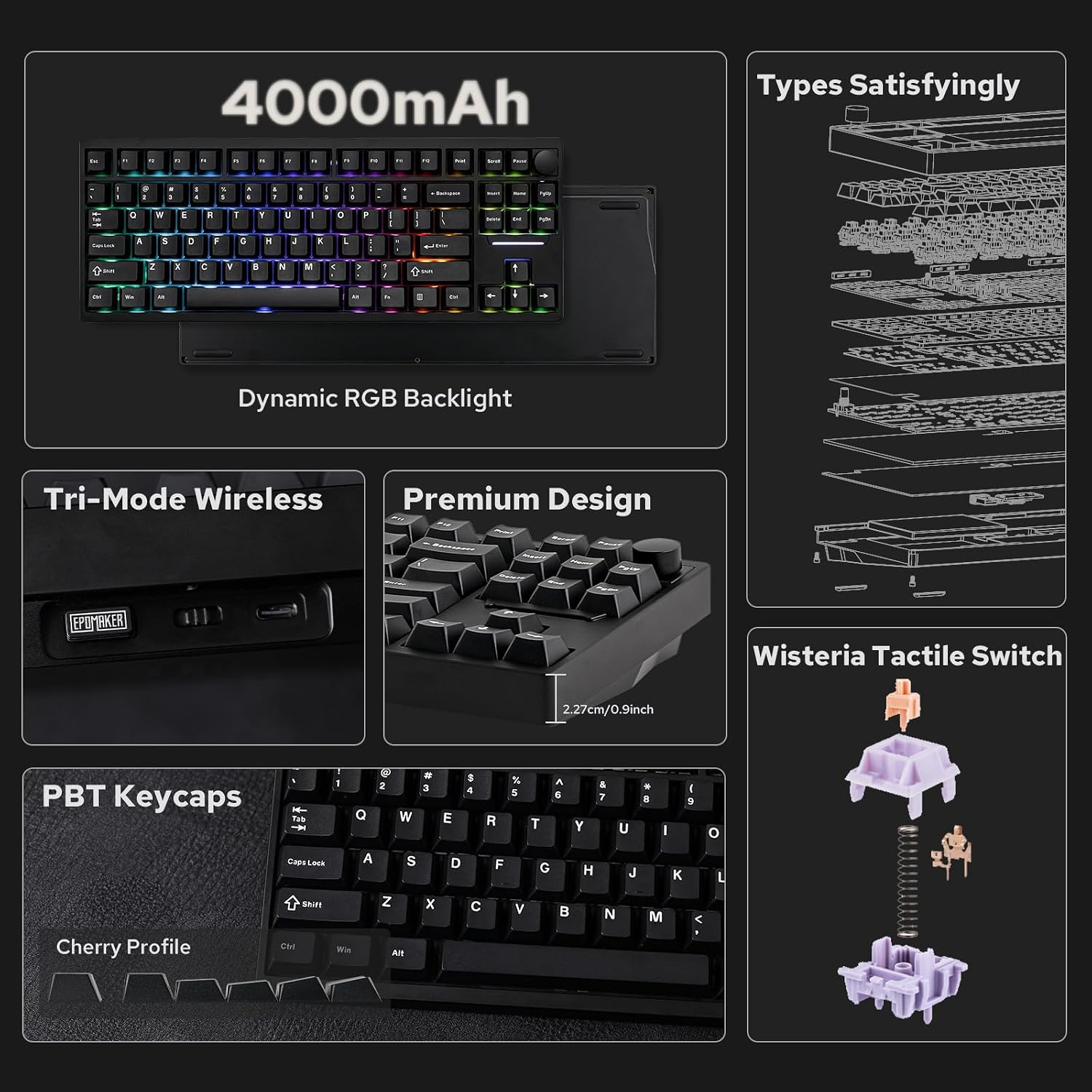 EPOMAKER P87 TKL Aluminum Wireless Gaming Keyboard, QMK/VIA Programmable, 87% BT/2.4Ghz/USB-C, with CNC Metal Knob and RGB Backlight (Black, Wisteria Linear Switch) - Image 6